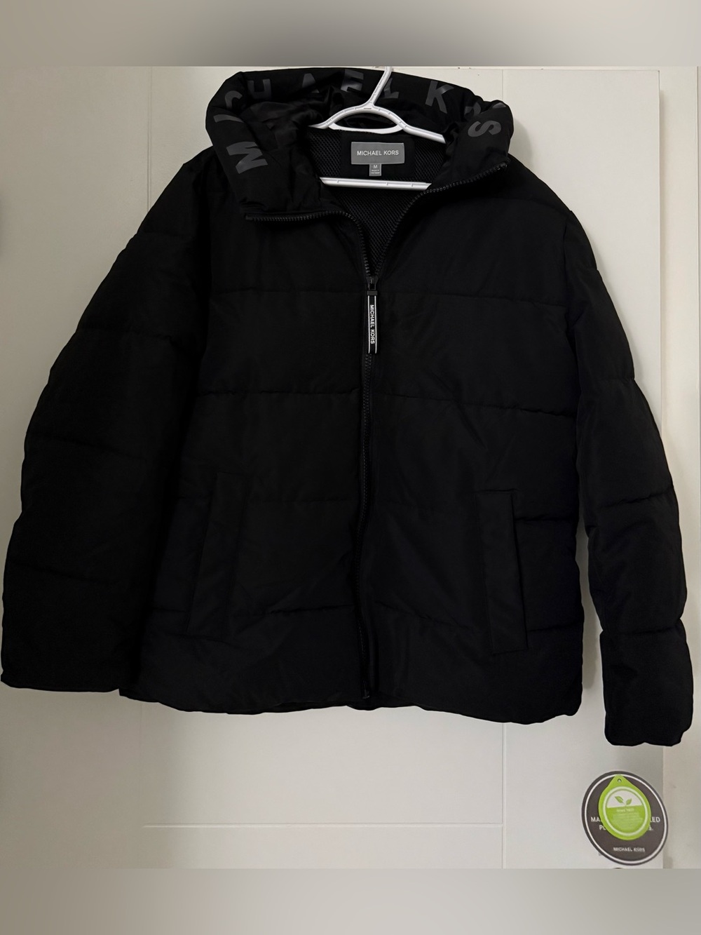 Michael Kors Black Quilted Puffer Jacket with Logo Hood Trim